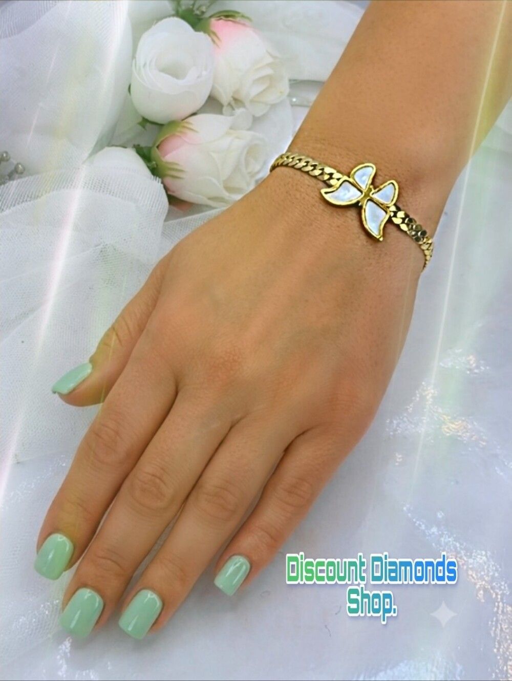 White Butterfly Snake Chain Ankle Bracelet on 18K Gold Titanium
